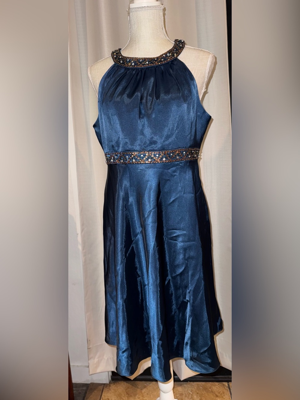 Nicole Miller Embellished Blue Halter A-Line Satin feel Dress Size Large